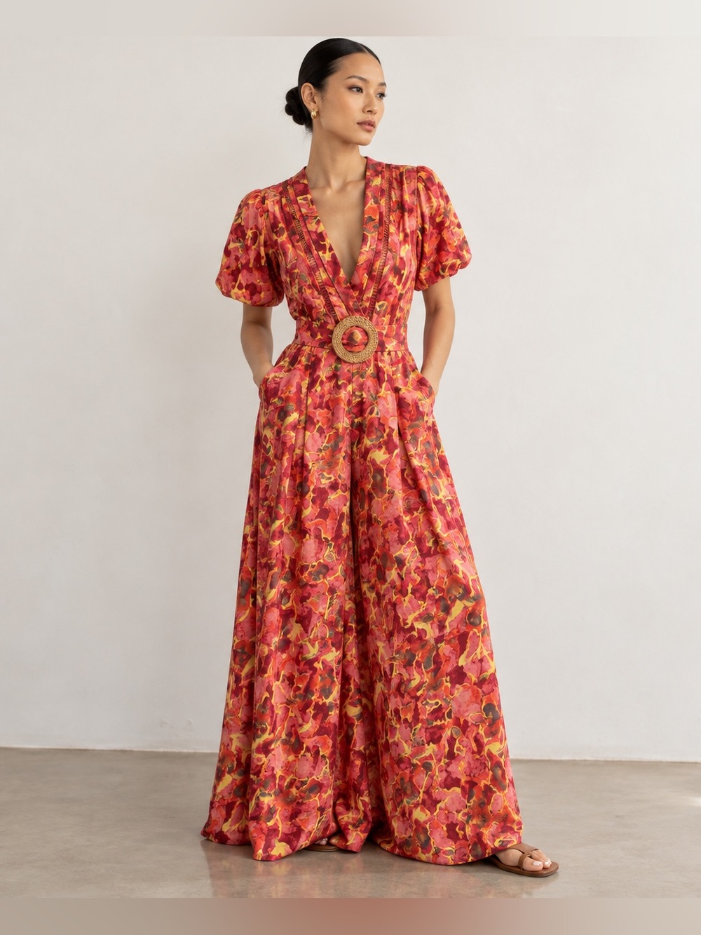 MullRed Floral V-Neck Wide-Leg Jumpsuit